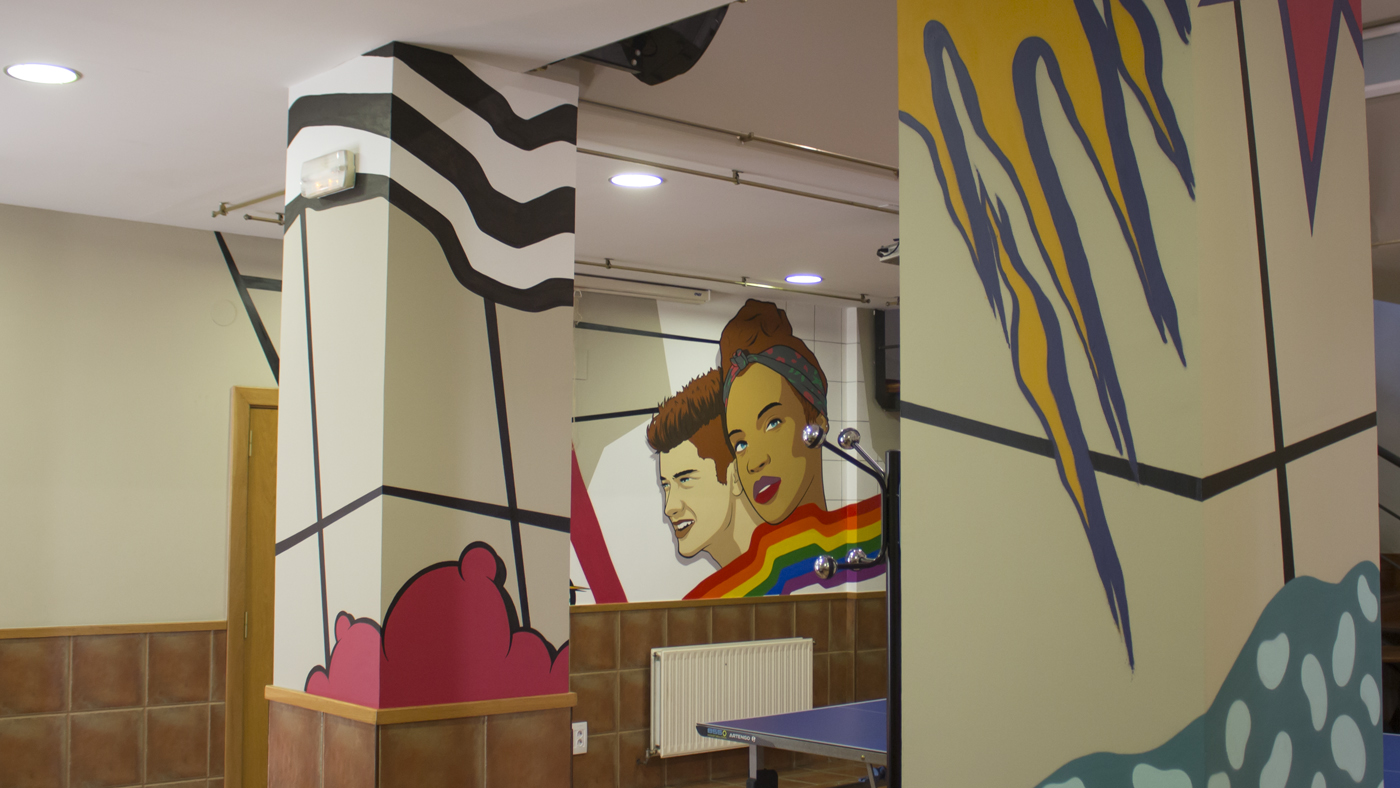 Pintura mural de estilo arte pop en el edificio del gaztegune de Arrigorriaga.